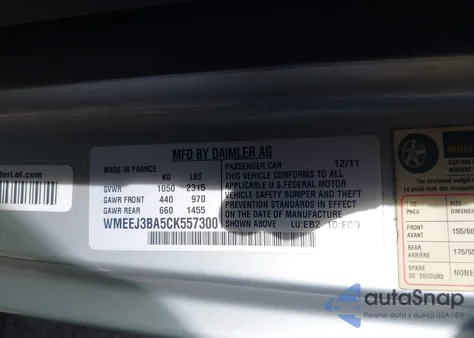 2012 Smart Fortwo Passion z USA, uszkodzony, nr VIN WMEEJ3BA5CK557300